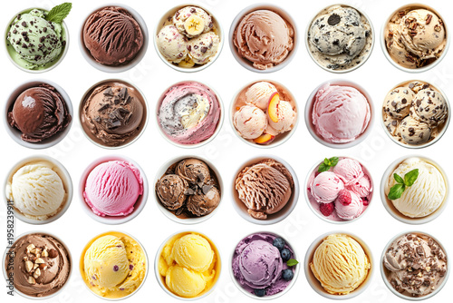 Top-down photograph of a vibrant grid of various ice cream scoops in bowls, featuring diverse flavors and toppings.