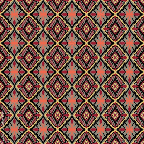 Ethnic Seamless Ikat Pattern with Geometric Diamond Shapes, Traditional Tribal Textile Background in Red and Grey