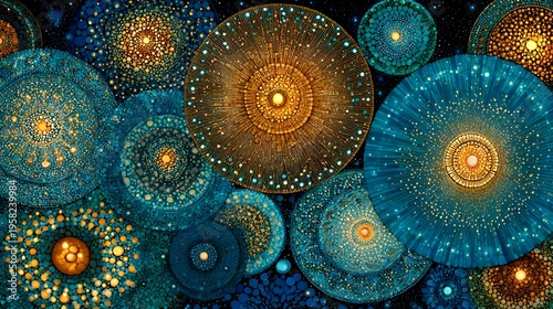 Intricate patterns of glowing golden and teal concentric circles create a mesmerizing and celestial abstract decorative background pattern.