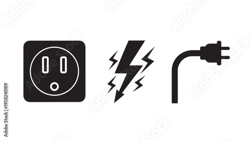Electric Shock Icon Set Including Plug, Outlet, and Lightning Bolt for High Voltage, Energy, and Safety Concepts