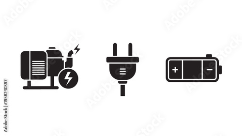 Electric Generator Charging Battery with Power Plug Icon for Energy Production, Storage, and Industrial Power Concepts