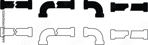 Broken Pipe Icons Set Vector, Damaged Water Pipe Silhouette and Outline, Plumbing Leak Symbol Collection Isolated on White