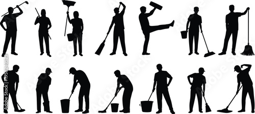 Cleaning workers silhouettes, janitorial staff, sanitation team, housekeeping crew, hygiene maintenance, labor tasks