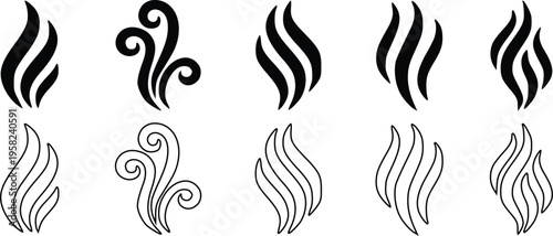 Abstract Flame Icon Set Vector, Fire and Heat Symbol Collection, Minimal Black Silhouette Editable Design