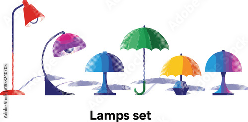 Modern Lamp Vector Set Featuring Floor Table Desk Lighting Fixtures with Colorful Gradient Halftone Style for Interior Design Decor Flat Illustration Collection