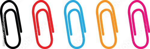 Colorful Paper Clip Set Vector Illustration, Office Stationery Paperclip Icons Isolated on Background, Simple Minimal Office Supplies Clip Symbol Collection