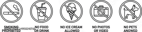 Prohibition Warning Icon Vector Set Featuring No Smoking No Food No Ice Cream No Photos and No Pets Signs for Safety Regulation Design Flat Illustration
