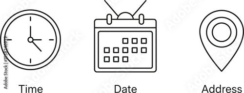 Icons representing time date and address