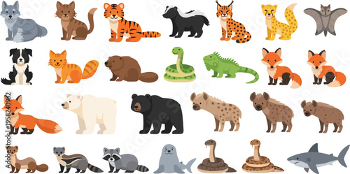 Wild Animal Vector Set Featuring Fox Tiger Bear Hyena Snake Iguana Shark Bat and Other Wildlife Cartoon Characters Collection for Nature Design Flat Illustration