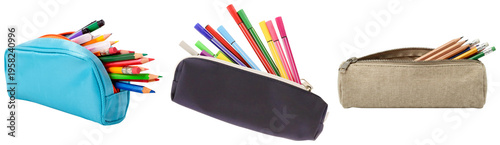 Assorted colorful pens, pencils, and markers spilling from various fabric pencil cases.