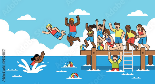 Vector illustration of people jumping off a dock into water, summer fun and leisure