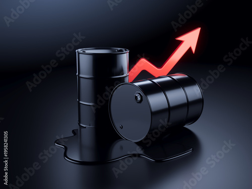 Oil Barrels Drum and arrow up - Concept of rising oil prices. 3d illustration