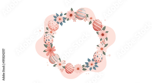 Easter Sunday social media template featuring a pastel-colored floral frame with eggs and bunnies on a pink background