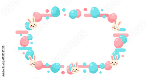 Easter Sunday social media template featuring a colorful pastel border of eggs and bunnies on a white background