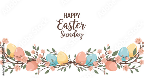 A colorful Easter Sunday frame features pastel eggs and bunnies on a floral branch with a Happy Easter Sunday message on a white background