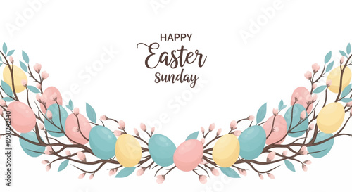 Easter Sunday frame social media template with pastel eggs and bunnies on a colorful background, featuring a happy holiday celebration design