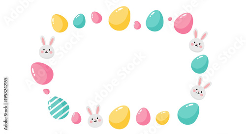 A colorful Easter Sunday frame social media template featuring pastel eggs, bunnies, and a cute cartoon design on a white background