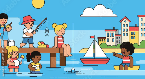Vector illustration of children playing at beach and pier