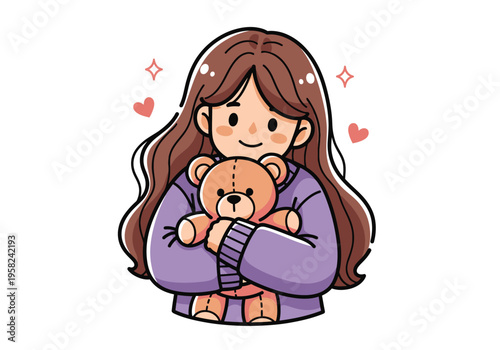 Cute cartoon girl with long brown hair hugging a brown teddy bear, isolated vector illustration