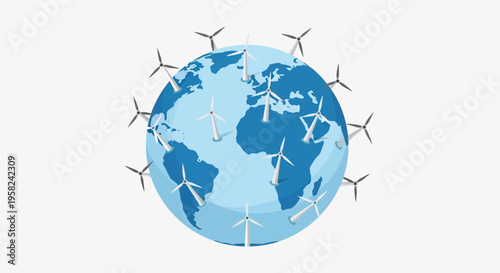 Earth Globe with Wind Turbines Around.
