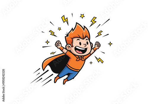 Happy flying superhero boy cartoon vector illustration with orange hair and cape, celebrating success