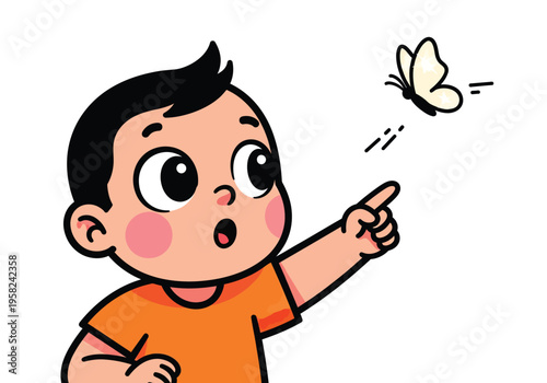 Cute cartoon boy pointing at a flying butterfly, vector illustration for children's books and education
