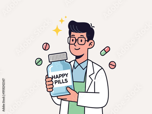Happy Pills bottle held by smiling male doctor or pharmacist in white coat, cartoon vector illustration