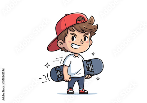 Cool cartoon boy character with red cap and skateboard, vector illustration for youth lifestyle design