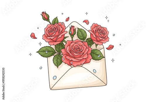 Elegant hand-drawn vector illustration of an open envelope with blooming pink roses and green leaves, perfect for romantic greetings and invitations