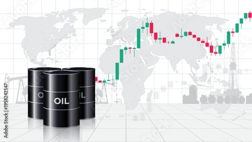 Chart of growth oil prices per barrel. Crude oil barrels on map background. Analysis rising of global energy markets. Influence economic insiders. World market review. Investment strategies. Vector