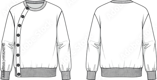 Fashion Technical Sketch of a Men's Crewneck Sweatshirt with Asymmetrical Side Button Closure Detail and Ribbed Trims Vector Illustration Template