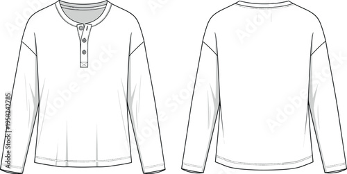 Long Sleeve Henley Shirt Flat Fashion Sketch Vector Template with Drop Shoulder and Button Placket for Technical Apparel Design Mockup