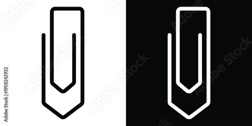 Minimalist vertical paperclip vector icon. Clean line art symbol for file attachments and office organization. Includes black and white versions for UI design and web interface elements.