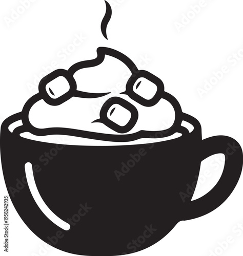 Black vector illustration of a steaming cup of hot chocolate with whipped cream