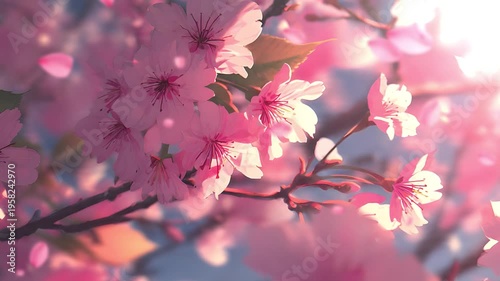 Tranquil Cherry Blossom Branch and Falling Petals in Soft Spring Light. Close-up of pink cherry blossoms illuminated by gentle sunlight. evoking serenity and beauty.