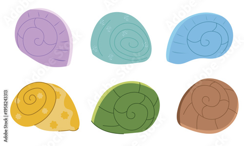 Cute snail shell collection with colorful spiral designs – flat vector clipart set. Assorted vibrant mollusk shells in cartoon style. Isolated elements.