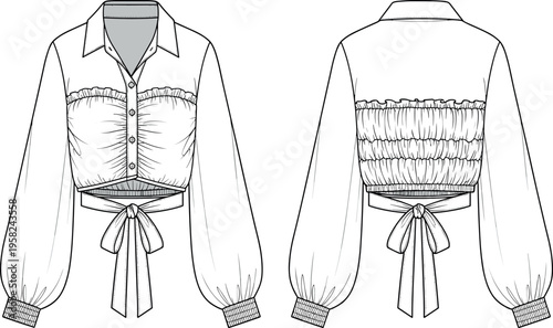 White Women Cropped Shirt Vector Illustration Featuring Ruched Bust Smocked Back Long Puff Sleeves And Self Tie Waist Flat Sketch