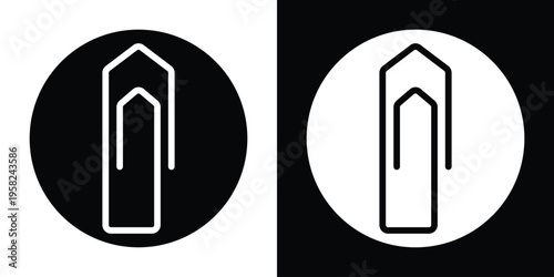 Vertical paperclip icon inside a solid circle. Modern button design for email attachments and file management. High-contrast black and white vector symbol for web and mobile application UI.