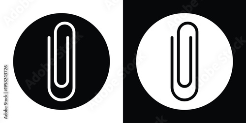 Vertical paperclip icon inside a solid circle. Modern button design for email attachments and file management. High-contrast black and white vector symbol for web and mobile application UI.