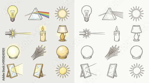 Collection of illustrations depicting various sources of light and optical phenomena, including lamps, candles, prisms, and mirrors.