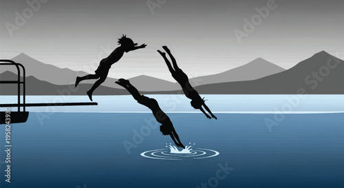 Vector illustration of three people jumping into water