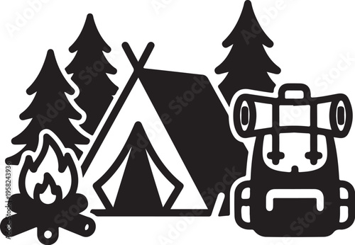 Vector camping icons set with tent, truck, and campfire