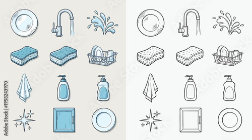 A collection of hand-drawn icons representing kitchen cleaning supplies and activities, presented in two distinct styles.