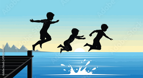 Vector illustration of three kids jumping into water