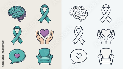 A set of icons representing mental health awareness, including a brain, teal ribbon, heart, hands, speech bubble, and armchair, presented in both color and outline versions.