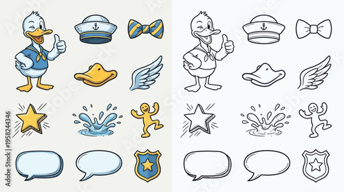 Collection of cartoon duck character elements and icons, including a sailor duck, nautical cap, bow tie, wings, and speech bubbles.
