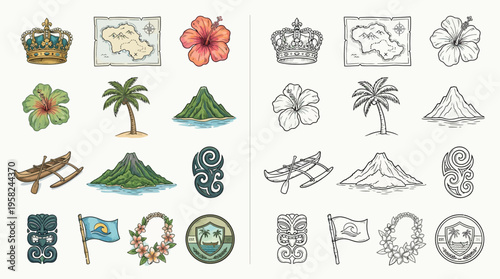 Collection of colorful and monochrome illustrations of Polynesian cultural symbols, including crowns, maps, flowers, volcanoes, canoes, and flags.