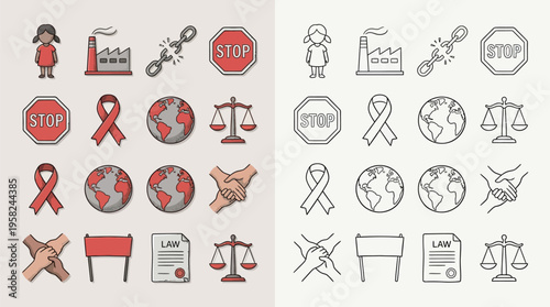 A collection of icons representing social issues, justice, and human rights, presented in both color and outline versions.