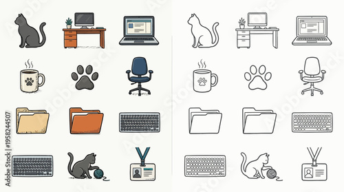 A collection of office-related icons, including a cat, desk, computer, laptop, mug, paw print, chair, folders, keyboard, and ID badge, presented in both color and outline versions.