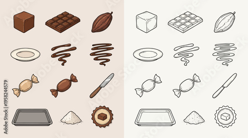 A collection of isometric illustrations depicting various chocolate-related items, including ingredients, tools, and finished products.